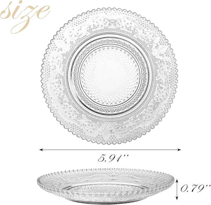 WHJY 6 Inch Clear Glass Plates 4 Pack Vintage Dinnerware Set Clear Floral Textured Dinner Plates for Home Party Wedding Crystal Glass Dishes for Fruit Salad Appetizer Dessert