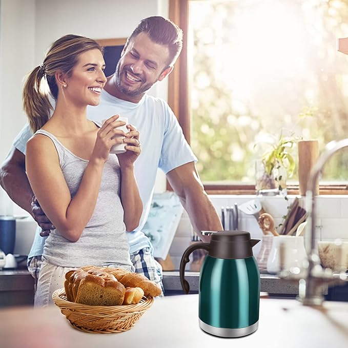 54oz Stainless Steel Thermal Coffee Carafe Dispenser, Unbreakable Double Wall Vacuum Flask 1.6L Water Tea Pot Beverage Pitcher for Hot Coffee for Christmas Carafe (Green)