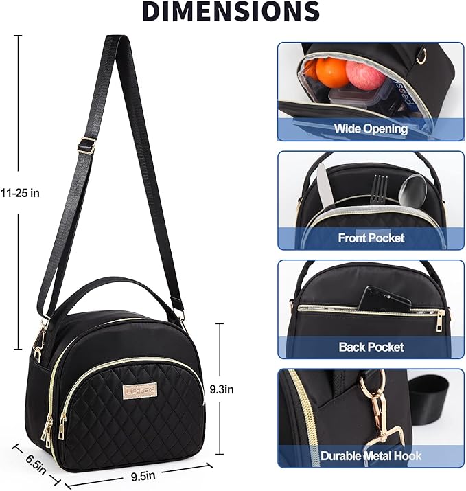 Black Cute Insulated Lunch Tote Bag for Women Work,Reusable Adult Lunch Box for Women, Stylish Wide Open Cooler Bag for Work(Black)