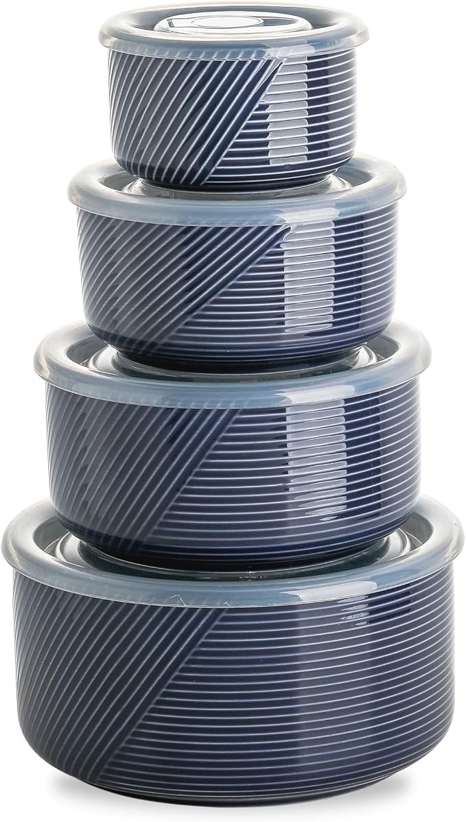 Ceramic Nesting Bowls with Lids: Mixing Bowls with Lids - Porcelain Food Storage Containers For Prep and Serving, Microwavable Kitchen Bowl Set of 4, 50/32/20/10 oz (Navy)
