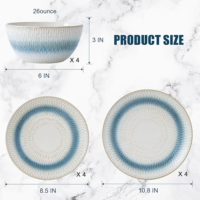 12 Pieces Ceramic Dinnerware Sets, Handmade Reactive Glaze Plates and Bowls Sets, Stoneware Set, Dishwasher & Microwave Safe Dishes set, Blue Relievo