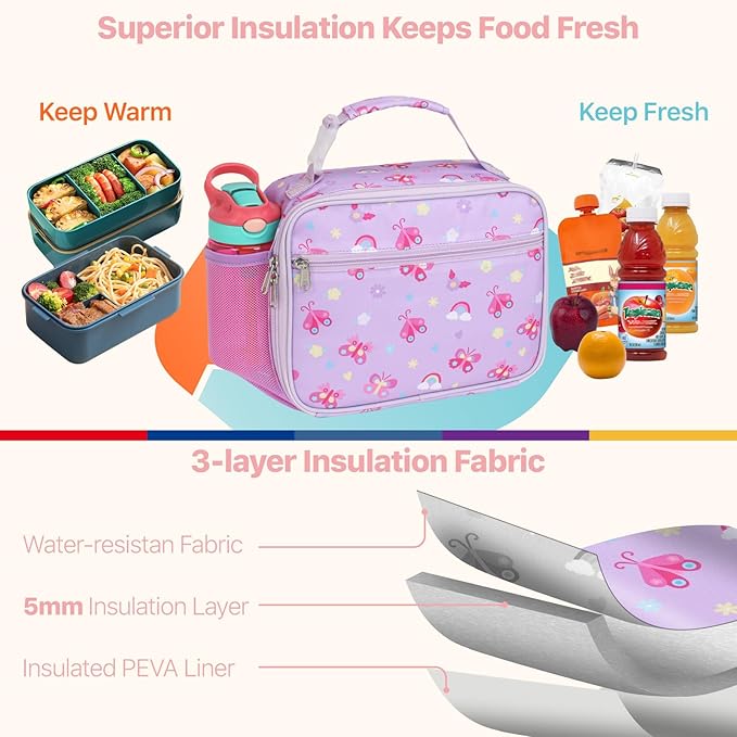 Bagseri Kids Lunch Bag for Girls - Insulated Kids Lunch Box for Daycare and School Reusable Meal Tote Bag with Water Bottle Holder, Easy-Clean Water-Resistant Fabric, Purple Butterfly