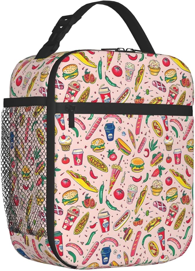 Tasty Fast Food Lunch Box,Insulated Lunchbox,Hot Dog and Colorful Fruit Design Bags,Reusable Cooler Lunchbag for Picnic,Travel,Office,Camping,Ideal Gifts for Women,Men,Kids