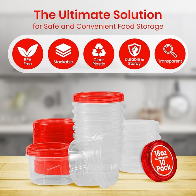 RFAQK 10 PCS Freezer Storage Containers-[10*16 OZ] Plastic Food Storage Containers with Twist Top Lids-BPA Free Leakproof Jars-Deli Container Stackable Meal Prep Reusable Box for Lunch,Soup,Oats,Gym