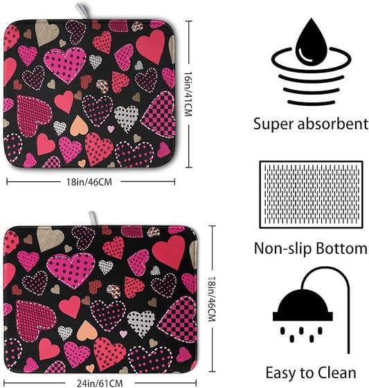 Valentine's Day Kitchen Drying Mats for Dishes 16x18 Inch Love Heart Dish Drying Mat Black Pink Polka Dots Dish Drainer Mat Super Absorbent Dish Rack Pad for Coffee Bar Sinks
