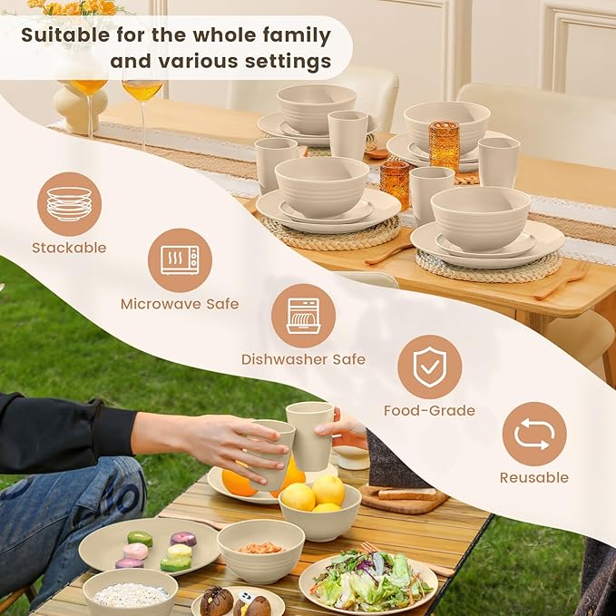 Homienly Premium Wheat Straw Dinnerware Sets, Lightweight & Unbreakable Plates and Bowls Sets,Cups,Service for 4,Dishwasher and Microwave Safe 16 PCS Dish Sets for Home，Camping- Beige