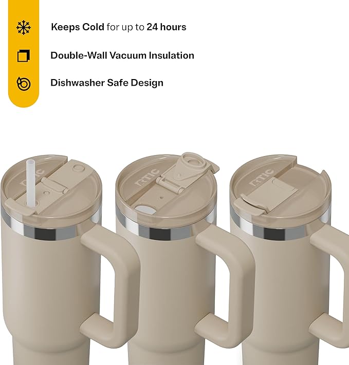 RTIC 30 oz Road Trip Tumbler Double-Walled Ceramic Lined InsulatedStainless Steel Portable Travel Coffee Mug Cup with Lid, Handle and Straw, Beach