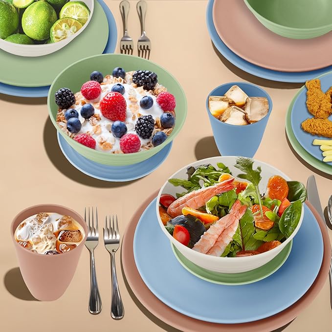 Wrova Wheat Straw Dinnerware Sets 40PCS, Unbreakable Plates and Bowls Sets Service for 8, Microwave and Dishwasher Safe Dish Set, Dinning Plates/Cereal Bowls/Drinking Cups for Kitchen,Camping-Nordic