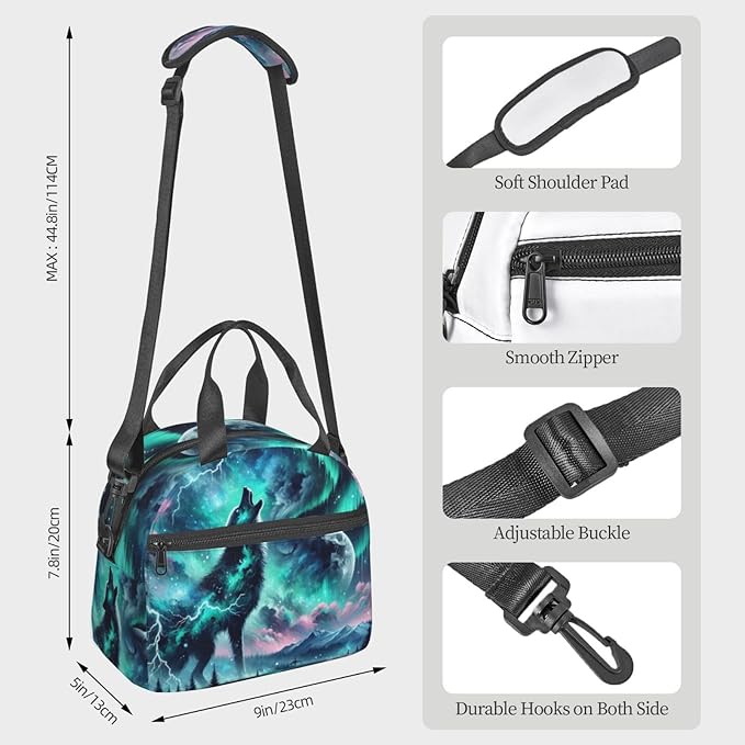 Wolf Moon Reusable Insulated Lunch Box Waterproof Lunch Bag with Detachable and Adjustable Shoulder Strap for Office Picnic or Travel
