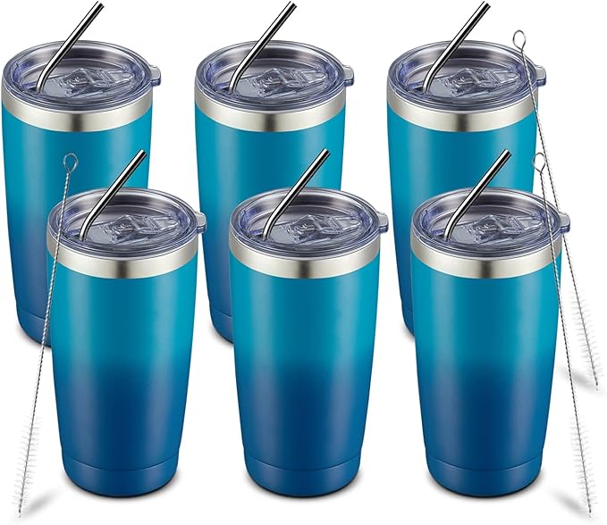 COMOOO 20oz Tumbler with Straw Stainless Steel Insulated Coffee Tumbler Cups Double Wall Vacuum Travel Coffee Mug with Splash Proof Sliding Lid for Hot Cold Drinks (Dark Night, 6 Pack)