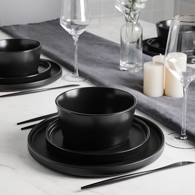 Stone Lain Celina Stoneware 32 Piece Dinnerware Set, Plates and Bowls, Black Matte Dish Collection, Service for 8 – Contemporary Minimalist Style, Microwave & Dishwasher Safe