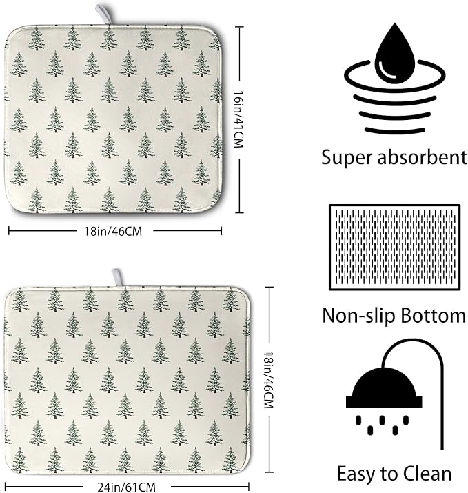 Christmas Tree Dish Drying Mat Winter Xmas Holiday Drying Mats Microfiber Absorbent Dishes Drying Pad Reusable Washable Kitchen Countertop Protector Dish Drainer Rack Mat 16x18 Inch