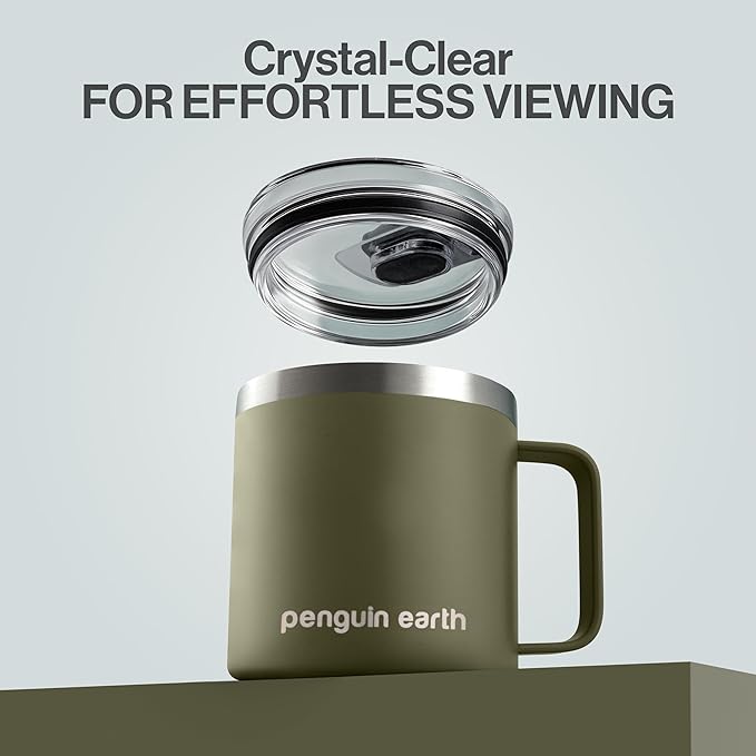 14 oz. Camping Mug with Lid, Coffee Mug. Travel Cup, Powder Coated, Vacuum Insulated, Stainless Steel, BPA Free. Travel Tumbler Cup, Dishwater safe (Green)