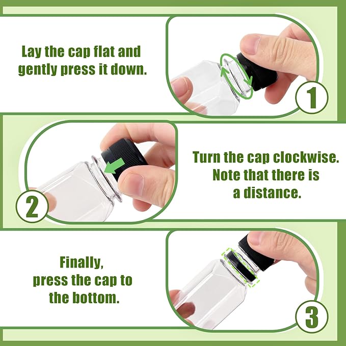 30 Pcs 2oz Plastic Juice Bottles with Caps,Reusable Clear Drink Containers,Transparent Square Bottle with Lids for Juices,Milk,Smoothies,Tea and Other Beverages(Black)