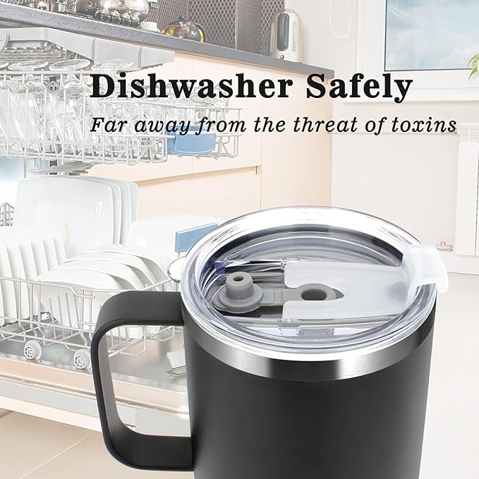 Sursip 24 oz Insulated Cup with Handle, Double Wall Vacuum Stainless Steel Tumbler with Straw and 2 Lids, For Cold/Hot Drinks, Coffee Travel Mug for Car/Home/Office/Party/Camping (Black-1 Pack)