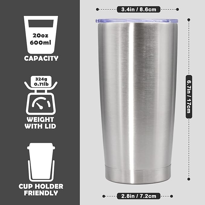 20oz Tumbler Stainless Steel Tumbler Cup with Lid Vacuum Insulated Double Wall Travel Mug, Durable Powder Coated Travel Coffee Tumbler Mug for Hot & Cold Drinks, Stainless Steel,4 Pack