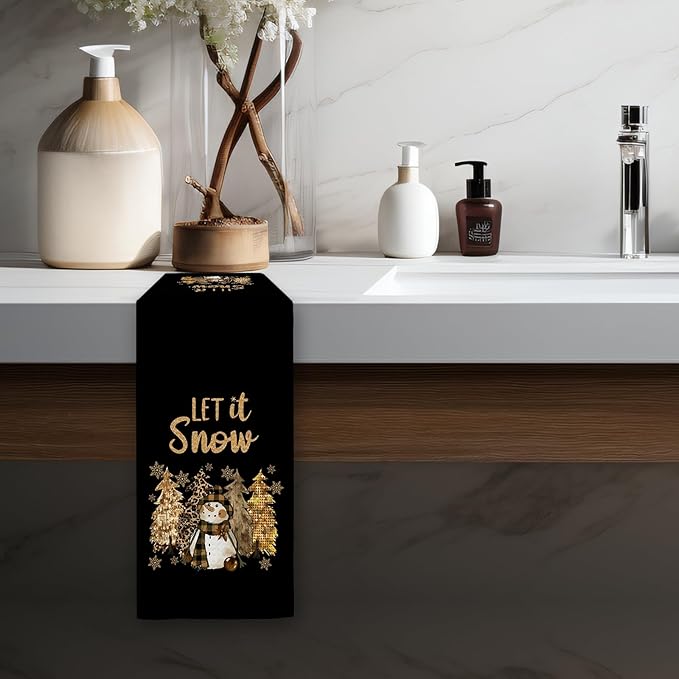 Black Gold Christmas Snowman Kitchen Towels, Christmas Tree Winter Snowman Dish Towels, Let It Snow Xmas Decorative Hand Towels for Bathroom, Winter Xmas Kitchen Bathroom Decor(16x24 Inch)