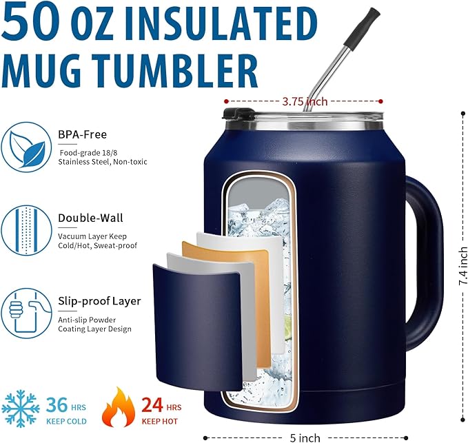 50 oz Mug Tumbler with Handle and Straw - 2-in-1 Lid, Insulated Metal Iced Coffee Thermal Cup, Stainless Steel Water Mugs, Double Wall Vacuum Water Cups Keep Cold-36H Hot-24H, 50oz Large Flask Jug