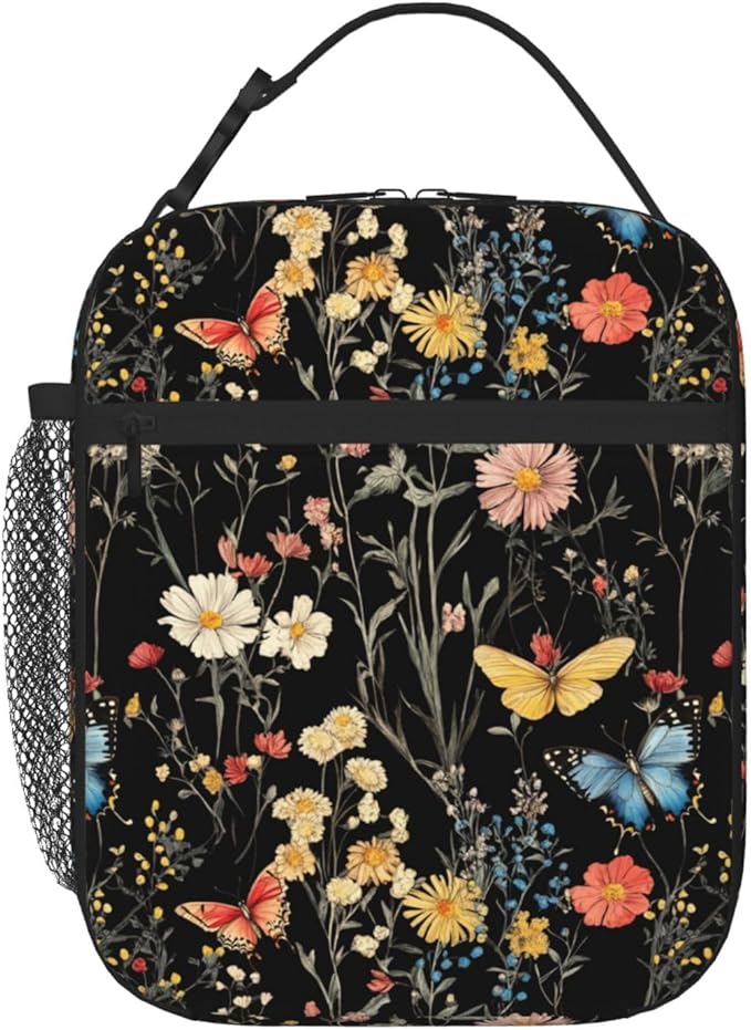 SUPLUCHOM Lunch Bag Wildflower Botanical Butterfly Flower Insulated Bento Box Cooler with Side Pocket for Girl Boy Women Men Work School Picnic Hiking Daytrip