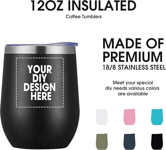 Personalized Custom Wine Tumbler Print in USA 12oz Stainless Steel Travel Coffee Cup with Lid & Straw Double Wall Insulated Mug with Colorful Text Logo Photo