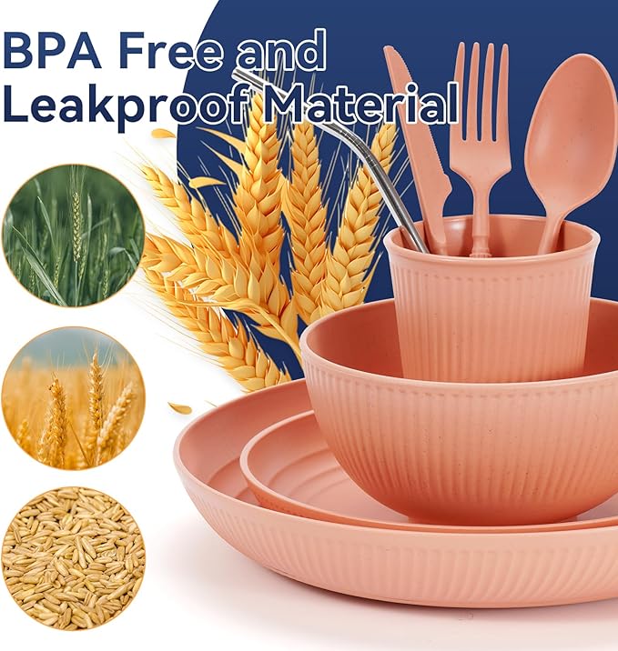 Wheat Straw Dinnerware Sets,48-Piece Black Plates and Bowls Sets for 6-Unbreakable,Reusable Plastic Dish Set-Dinner Plate/Dessert Plate/Cereal Bowl/Cup/Utensils-Microwavable Dishwasher Safe 48P-Black