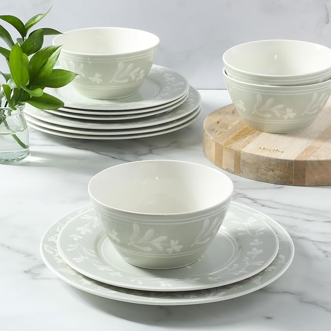 Martha Stewart Maiden Crown 12-Piece Sage Green Dinnerware Set – Vegan Bone China Ceramic Plates & Bowls – Floral Design – Service for 4 – Microwave & Dishwasher Safe