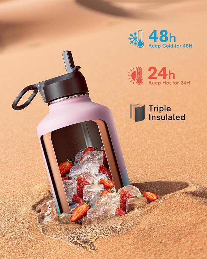 Water Bottle Insulated 64 oz with Straw & 3 Lids, Coolflask Half Gallon Water Jug Large Metal Stainless Steel Wide Mouth, Non-BPA Keep Cold 48H Hot 24H, Bubblegum Princess