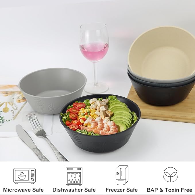 PYRMONT 36 OZ Cereal Bowls - Wheat Straw Sets of 8 Reusable Unbreakable Plastic for Soup, Salad, Rice, Noodles - Microwave & Dishwasher Safe - Black to Grey