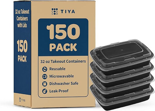 TIYA Food Containers - 32 oz Bulk 150 Pack with Lids - Rectangular Plastic To-Go Containers - Reusable, Microwavable, Dishwasher Safe - Leak-Proof for Meal Prep - BPA-Free