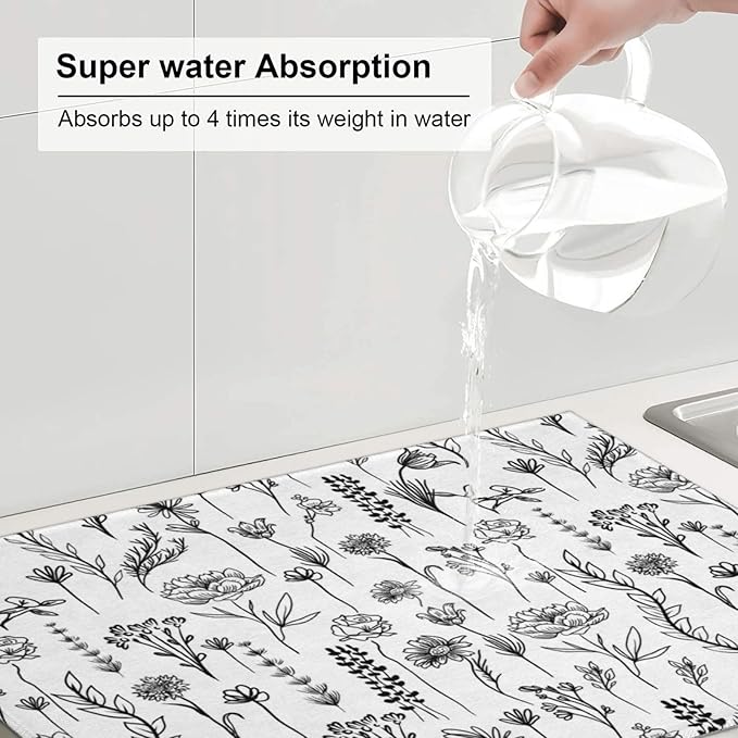Black and White Floal Kitchen Dish Drying Mat for Counter, Aesthetics Dish Draining Mat Microfiber Absorbent Reusable Washable Extra Large 18"x24" (black and white floral, 18"x24")