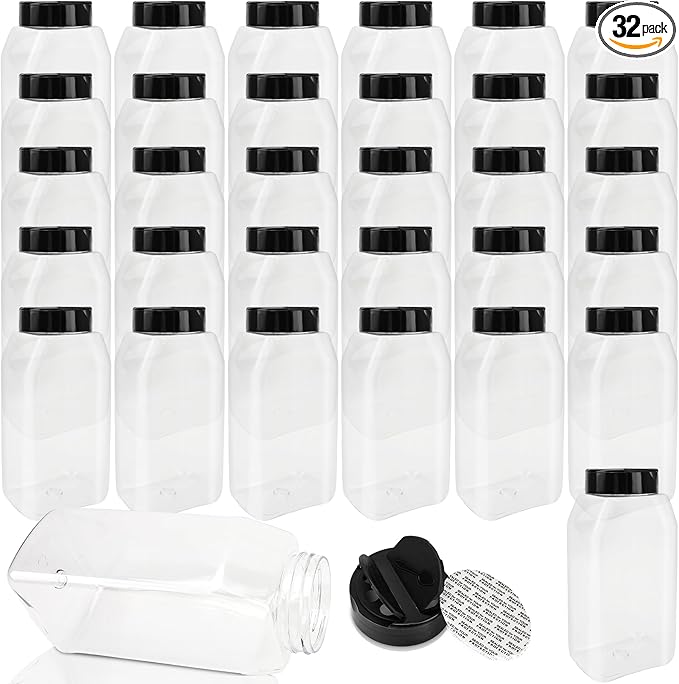 32 Pack 16 oz Plastic Spice Jars with Cap Clear Empty Square Spice Bottle with Shaker Lids Large Empty Seasoning Containers for Storing Spice Salt Seasoning