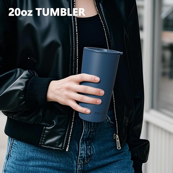 TILUCK 20 oz Tumbler with Leak-Proof Lid, Vacuum Insulated Stainless Steel Coffee Mug, Double-Walled Travel Tumbler for Hot and Cold Drinks(DarkBlue, 20oz)