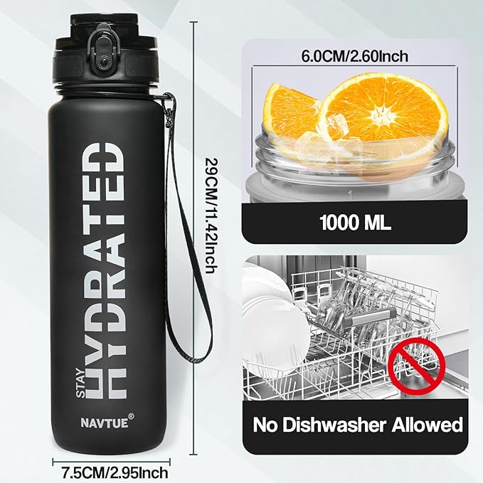 Water Bottle, 32oz Sports Water Bottles with Time Marker Wide Mouth, Motivational and Leakproof Drink Bottle, BPA Free Tritan with Carry Strap for Gym Fitness Outdoor (Direct Drink 1 Bottle)