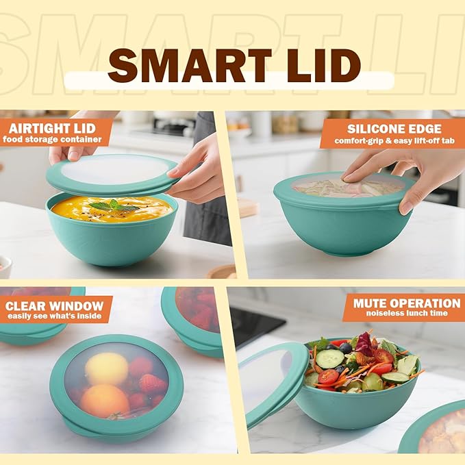 40 OZ Wheat Straw Bowls with Lids Set, 4 PCS Unbreakable Salad Bowls with Lid, Alternative Plastic Food Containers with Lids for Lunch, Microwave & Dishwasher Safe Kitchen Bowl Set, Green