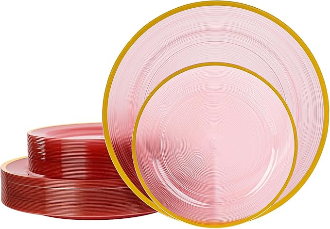 120PCS Pink Plastic Plates with Gold Rim, Heavy Duty Disposable Plate, Fancy and Elegant Circular Ribbed 60 Dinner and Dessert Plates for Party, Weddings