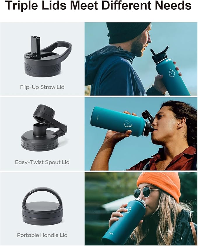 BUZIO 40 oz Water Bottle Insulated with Straw & 3 lid and Carrying Pouch, Leak Proof Anti-Slip Stainless Steel Water Flask Jug, Cold for 48 Hrs Double Vacuum Thermo Canteen, BPA-Free, Dark Blue