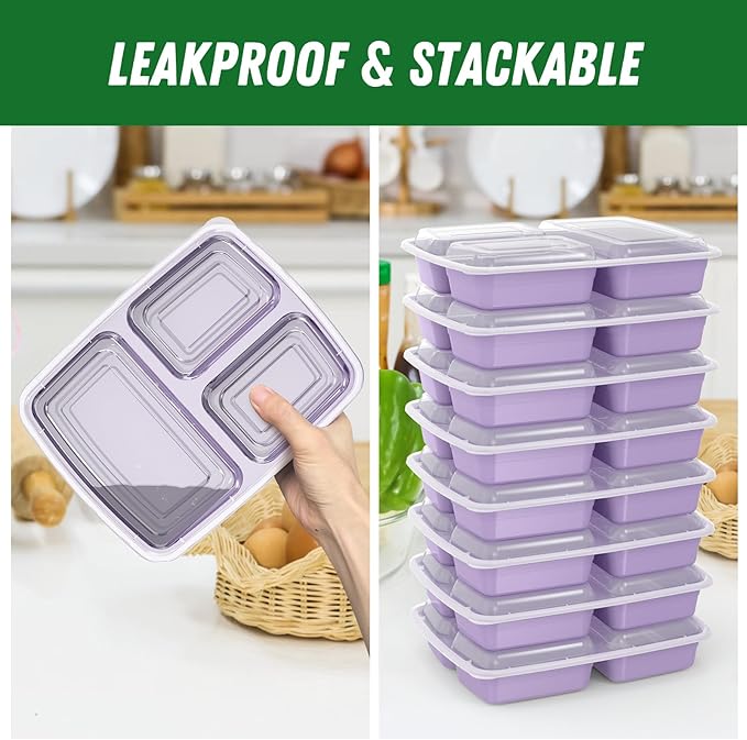 50 Pack (100-Piece) 32 oz Meal Prep Containers Reusable with Lids 3-Compartment, To Go Take Out Plastic Food Storage Containers, Sturdy Leakproof Food Safe, Microwave Freezer Dishwasher Safe, Lilac