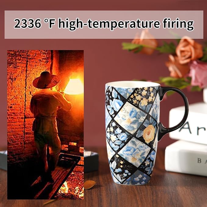 Topadorn Ceramic Mug Porcelain Latte Tea Cup Coffee Mug with Gift Box 17oz.Plaid Flower