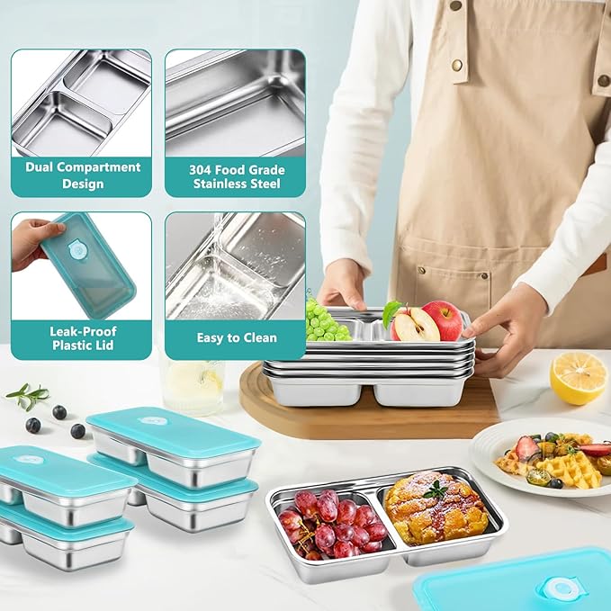 Reusable Stainless Steel Snack Containers with Lids,Double Compartment 2 Condiment Containers,Grab and Go Divided Snack Food Storage for Kids Adults, Sauce Cups for School, Trave (4)