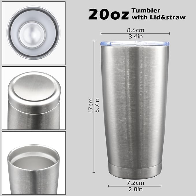 20oz Tumbler Bulk Stainless Steel Tumblers with Lid Vacuum Insulated Double Wall Travel Coffee Mug Powder Coated Tumbler Cup for Hot and Cold Drinks(Stainless Steel, 12 pack)