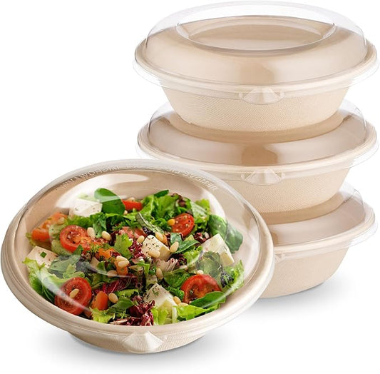 [500 COUNT]Harvest Pack PFAS FREE 32oz Compostable Round Paper Bowls with Dome Lids - Heavy-Duty Eco-Friendly Disposable Bagasse Salad Bowl Sugarcane made plant fibers for Meal Prep