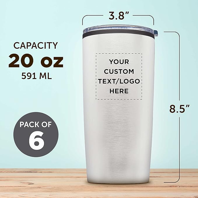 Custom Plastic Tumblers 20 oz. Set of 6, Personalized Bulk Pack - With lids, Ice Coffee Tumbler, To Go Cup, Insulated - Silver