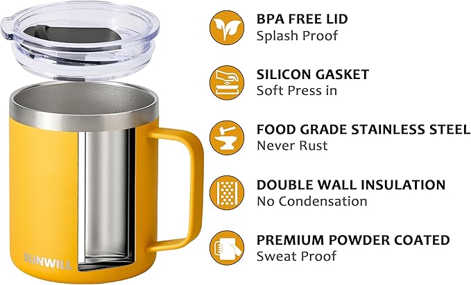 SUNWILL Insulated Coffee Mug with Lid, Travel Tumbler with Handle, 14 oz Stainless Steel Cup for Camping, Office, Home, Powder Coated Yellow