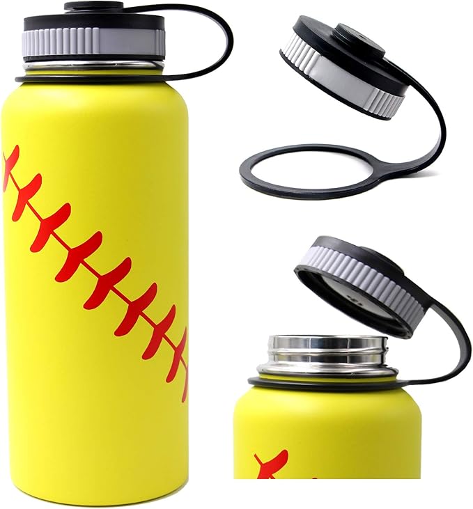 32 oz Softball Water Bottle, Wide Mouth Metal Thermo Travel Tumbler Sports Flask with 2 Lids, Stainless Steel Double Wall Vacuum Insulated Water Bottles, Softball Stuff Gifts for Mom Men Boys Girls