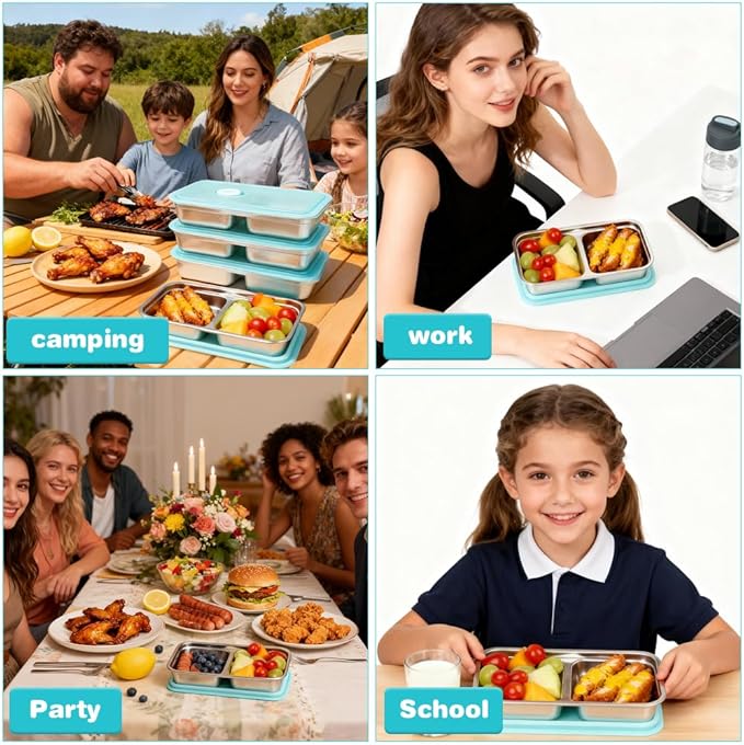 YQL 4 Pack Stainless Steel Snack Containers with Lids, Double Compartment Food Storage Boxes for Lunch Prep, Reusable Leakproof Bento Snack Boxes for Travel, Office, Camping