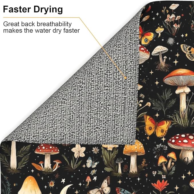 Black Forest Mushroom Butterfly Dish Drying Mats, Absorbent Microfiber Cute Decorative Kitchen Counter Mat, 16 x 18 inch, Washable, Reusable, Foldable for Dishes Utensils, Small Appliances, Home Decor