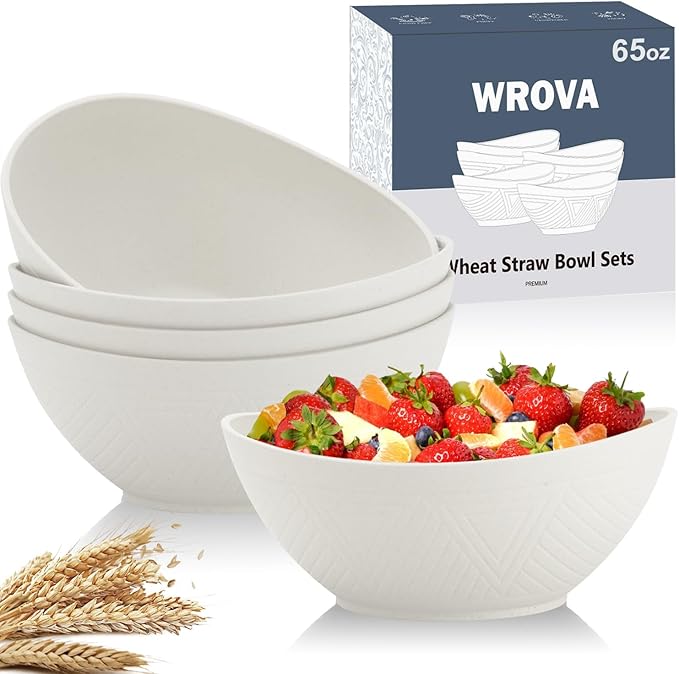 Wrova 65oz Large Salad Bowls Ivory - Wheat Straw Salad bowls Set of 4 - Unbreakable Salad Bowls Dishware & Microwave Safe - BPA Free Bowls for kitchen,camping