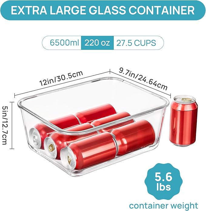 Vtopmart 6.5L/ 220oz/ 27.5cup Extra Large Glass Food Storage Containers with Snap Airtight Lids for Roasting Turkey, Chicken, Baking Casserole, Fruits, Party, BPA Free, Oven Safe, Freezer, Dishwasher