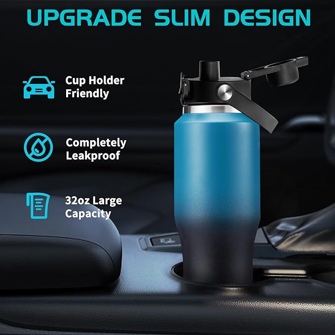 32oz Insulated Water Bottle with Straw - Spout Lid, Protective Boot, Vacuum Stainless Steel Bottles Leak-Proof, Thermo Mug Flask Fit in Car Bike Cup Holder Father's Day Gift