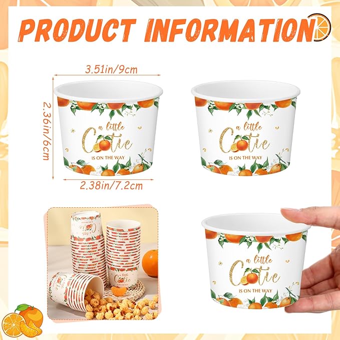 50 Pack Little Cutie Ice Cream Cups 9 oz a Little Cutie Is on The Way Baby Shower Disposable Dessert Bowls Paper Soup Bowls Orange Snack Cups for Hot or Cold Food Birthday Party Supplies